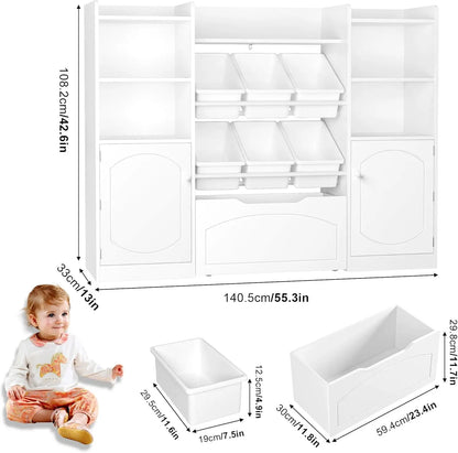 55' Kids Toy Storage Organizer with 6 Bins & 8 Cubes, White