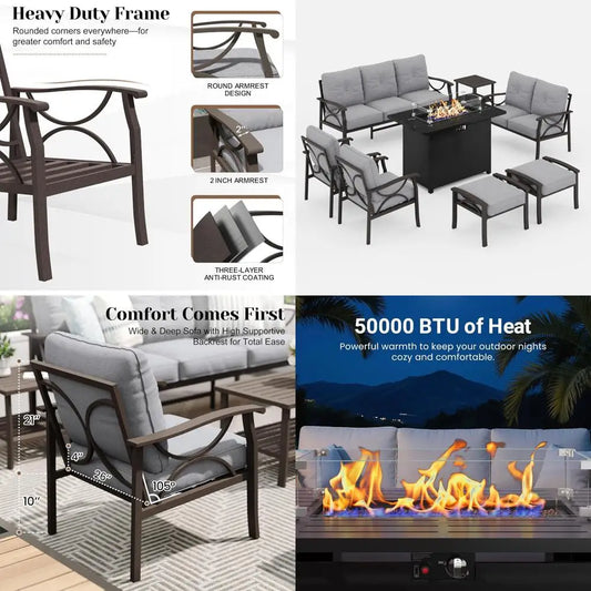 8-Piece Outdoor Patio Furniture Set with  Fire Pit Table