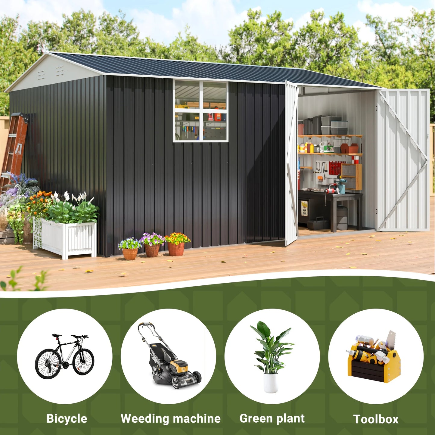 10x12 FT Outdoor Metal Storage Shed with Windows