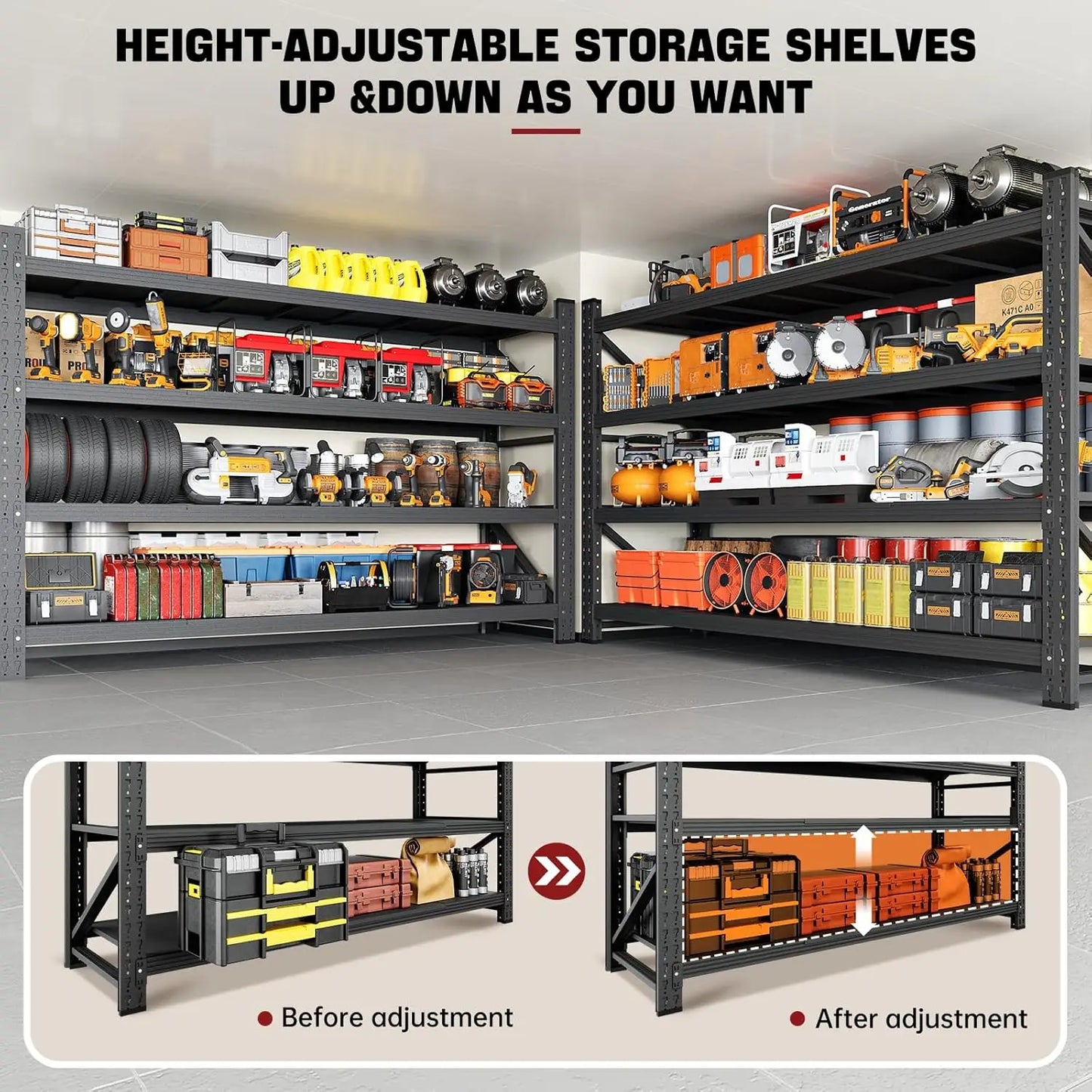 68" W x 24" D x 63.4" H, W Garage Shelving Heavy Duty Metal Adjustable