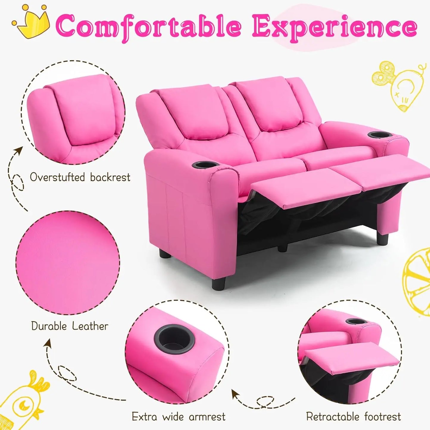 Kids Recliner Chair, PU Leather Sofa with Cup Holder