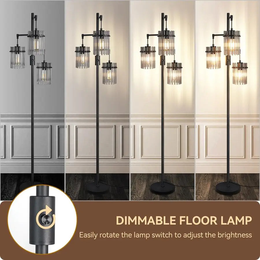 Dimmable Glass Tree Standing Tall Lamps with 3 Elegant Teardrop Cage