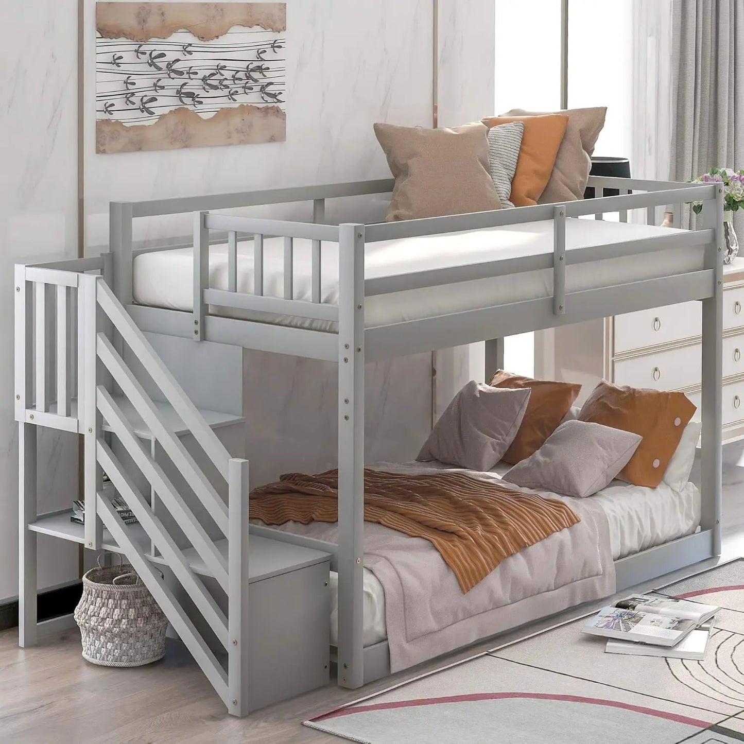 Twin Over Twin Bunk Bed with Stairs,Wood
