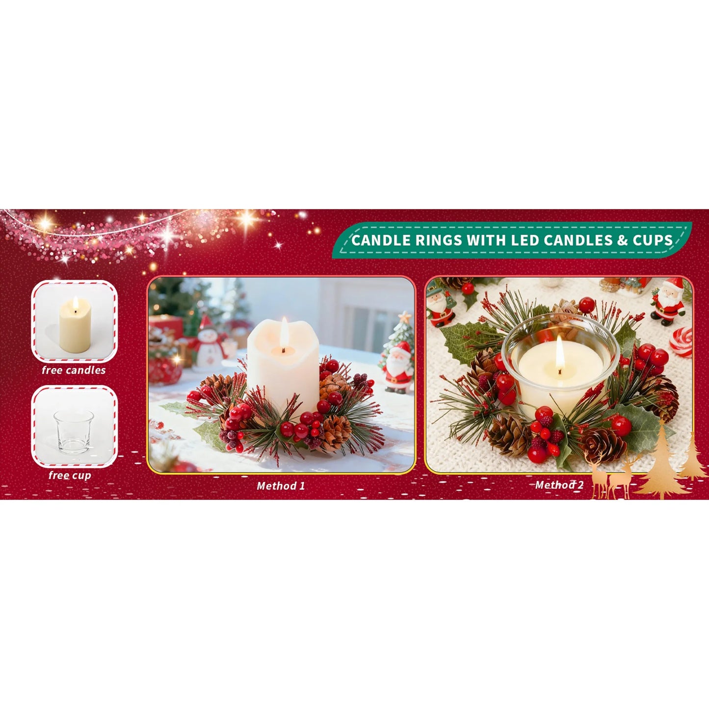 Elegant Christmas Candle Ring with Soft LED Glow and Glass Cup