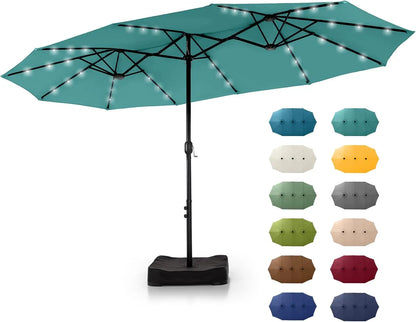 15 ft Rectangle Patio Umbrella with Solar Lights and Base Included