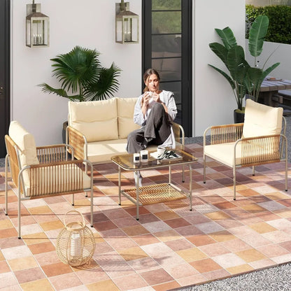 4 Pieces Patio Furniture Set, Wicker Outdoor Conversation Set