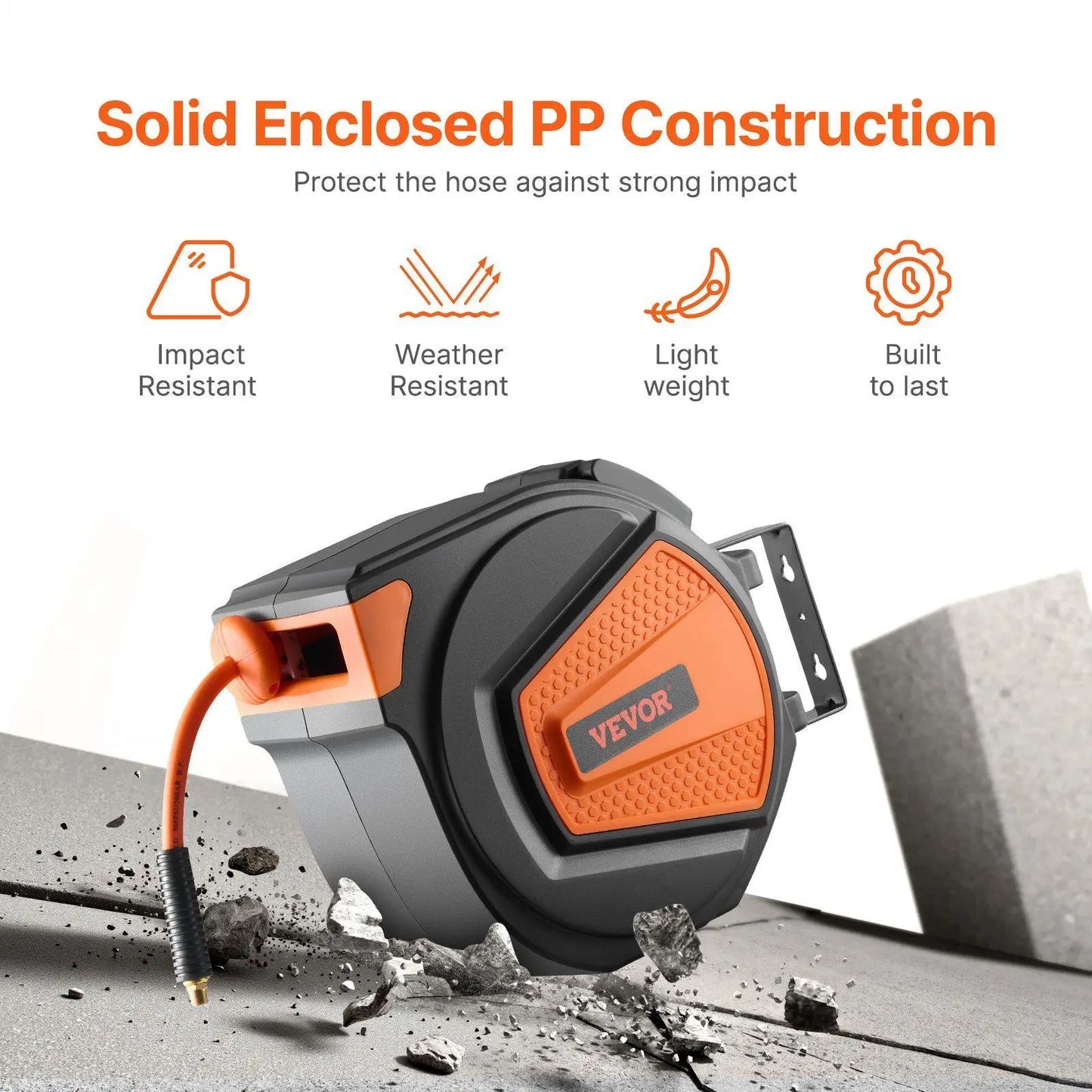 65ftx3/8in Industrial Air Hose Reel 300PSI with Quiet Retraction and Full Rotation Bracket