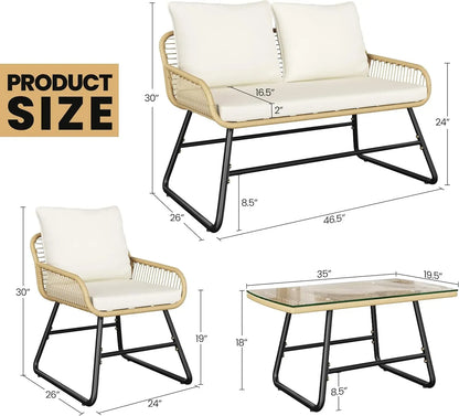 4 Piece Patio Furniture Set, Outdoor Wicker Conversation Sets