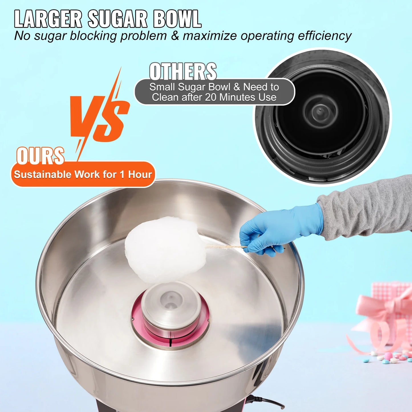 Electric Cotton Candy Machine with Stainless Steel Bowl Sugar Scoop and Drawer