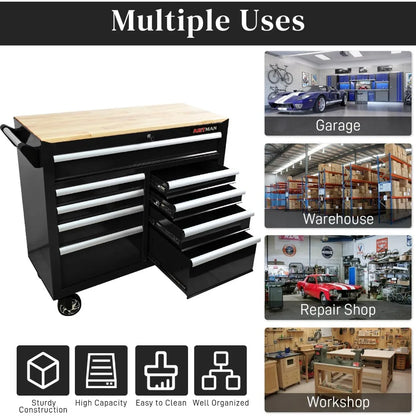 Heavy Duty Rolling Chest with 9-Drawer Wood Top