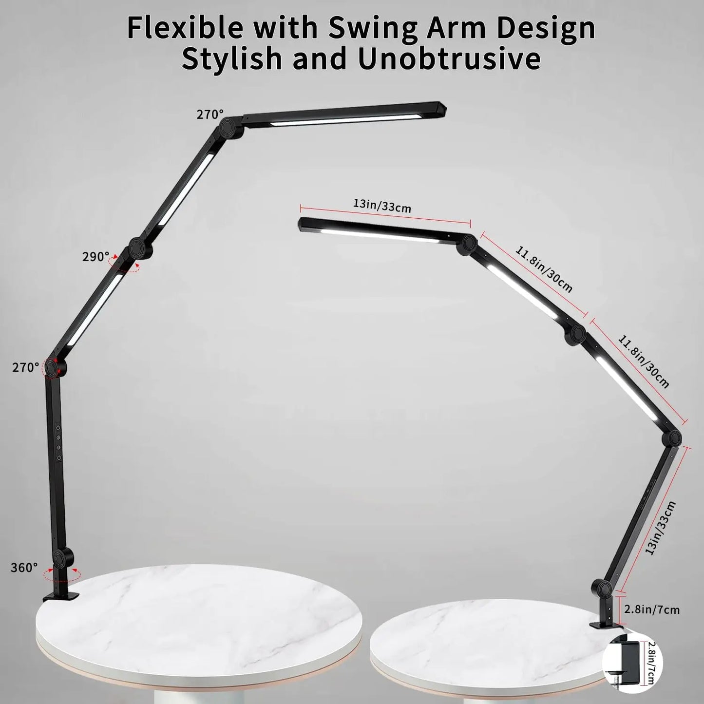 LED Desk Lamp with Clamp Flexible 4 sections Swing Arm Three light sources