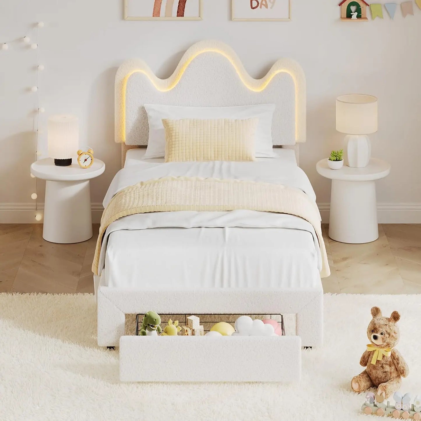 TWIN Size Princess Bed Frame, Upholstered with Flower Headboard