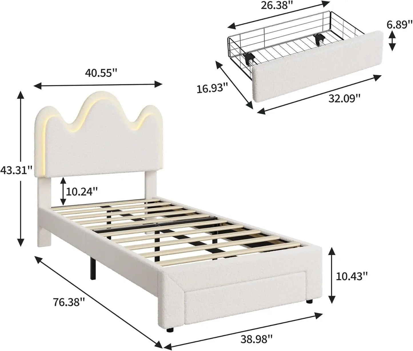 TWIN Size Princess Bed Frame, Upholstered with Flower Headboard