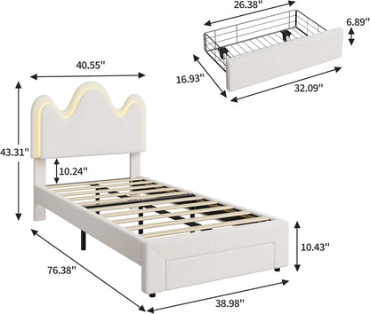 TWIN Size Princess Bed Frame, Upholstered with Flower Headboard