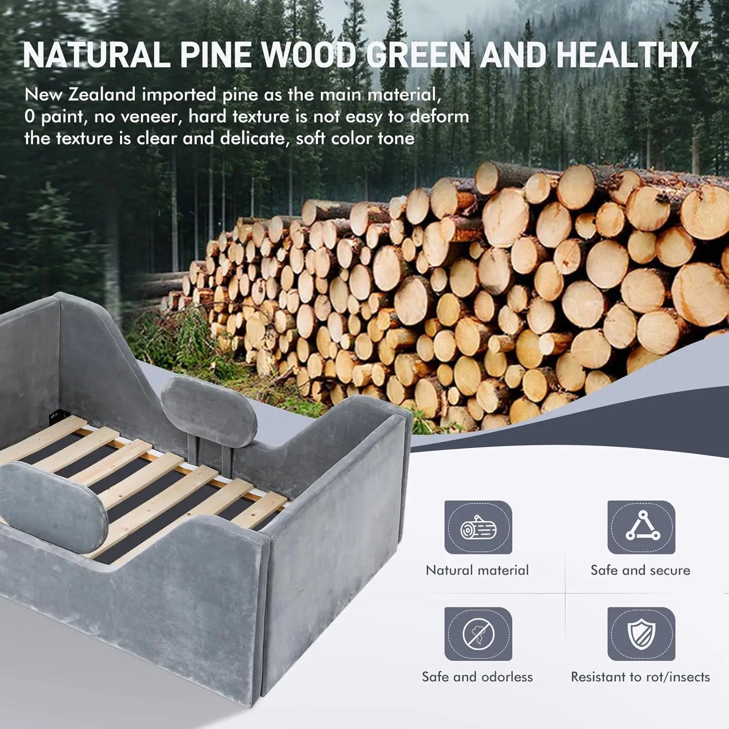 Toddler Bed, Kids' Bed with Safety Bar, Gray, Standard Crib Size