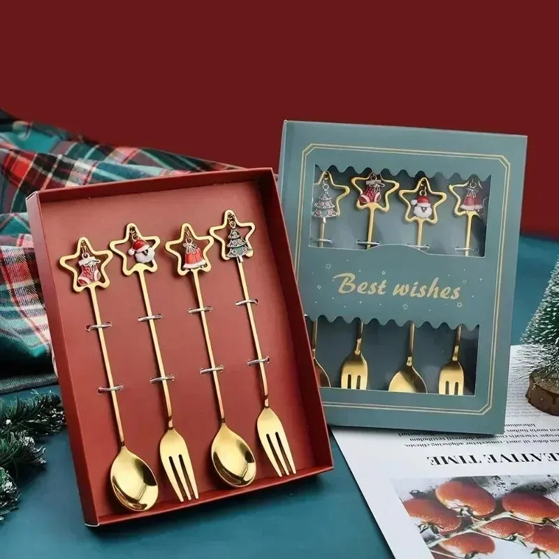 4Pcs Christmas Fork And Spoon Set Stainless Steel