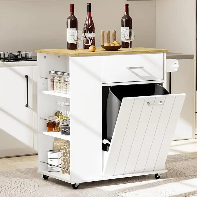 Rolling Kitchen Island with Trash Can Storage