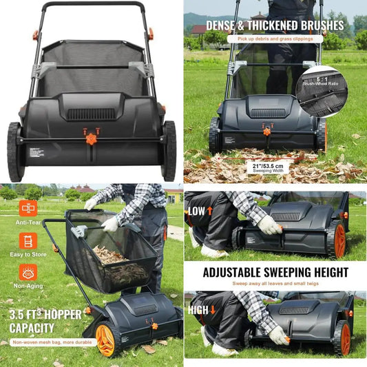 21-Inch Heavy-Duty Steel Lawn Sweeper with Adjustable Brush, 3.5 Cubic Foot Bag, and Rubber Wheels