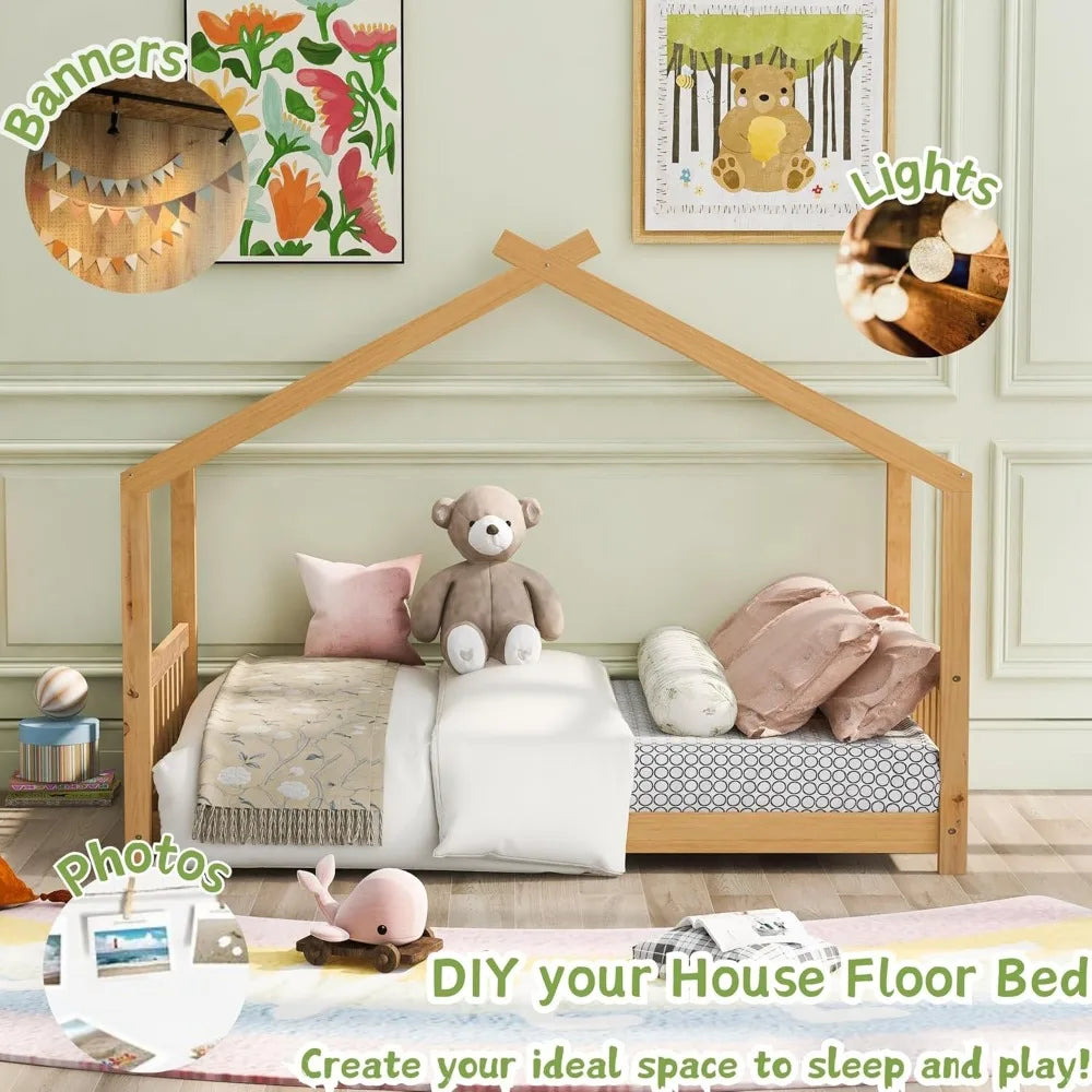 Floor House Bed Frame Twin Size with Headboard & Footboard