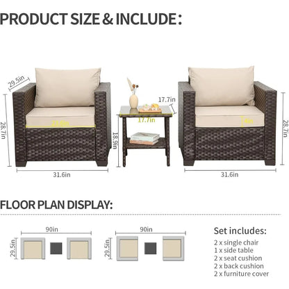 Outdoor Furniture Club Chair 3 Pieces Patio Single Sofa Chairs and Glass End Table Outdoor Chairs Set of 2 and SideTable with A