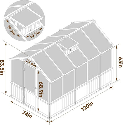 6x10 FT Green House for Outdoor, 6MM Thick Polycarbonate