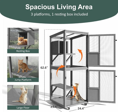 Cat Outdoor Enclosure, 4 Tiers Cat Playen  with Wheels