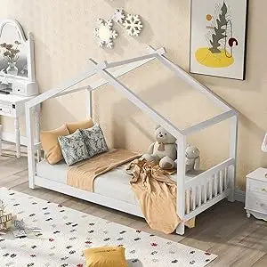 Floor House Bed Frame Twin Size with Headboard & Footboard