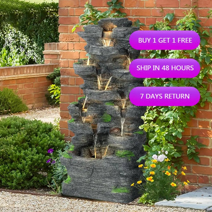 Multi-Level Outdoor Rock Waterfall Fountain with Illumination