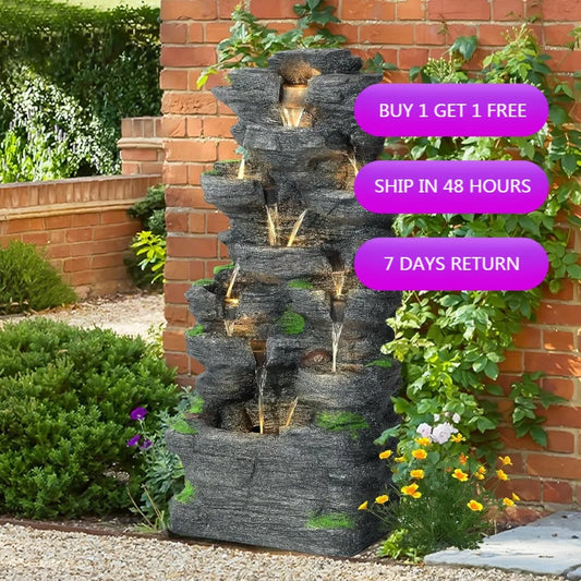 Multi-Level Outdoor Rock Waterfall Fountain with Illumination