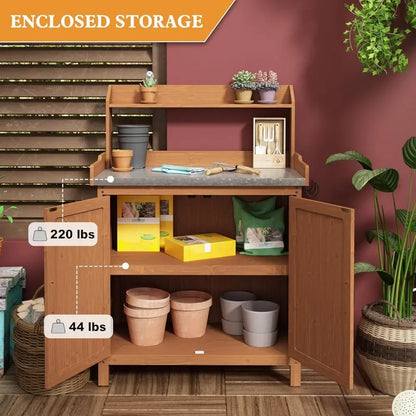 Wooden Garden Potting Table with Metal Tabletop and Removable Shelf
