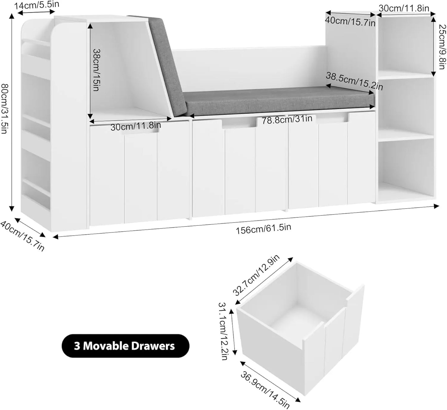61.5" Kids Reading Nook with 3-Layer Bookshelf