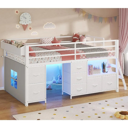 Twin Size Metal Kids Loft Bed with 7 Storage Drawers, Bookcase, LED Lights, and 14 Inches Safety Guardrail