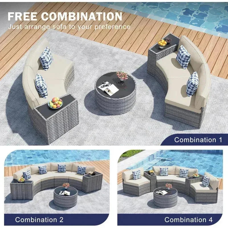 outdoor patio half-moon furniture. Grey rattan