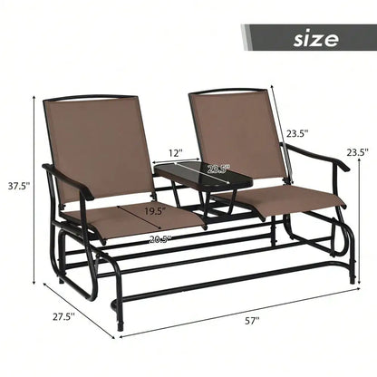 2-Person Glider Rocking Chair Loveseat  w/ Tempered Glass Table Brown
