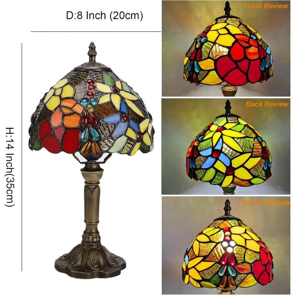 Rose-Themed Tiffany Stained Glass LED Table Lamp 8x8x15 Inches