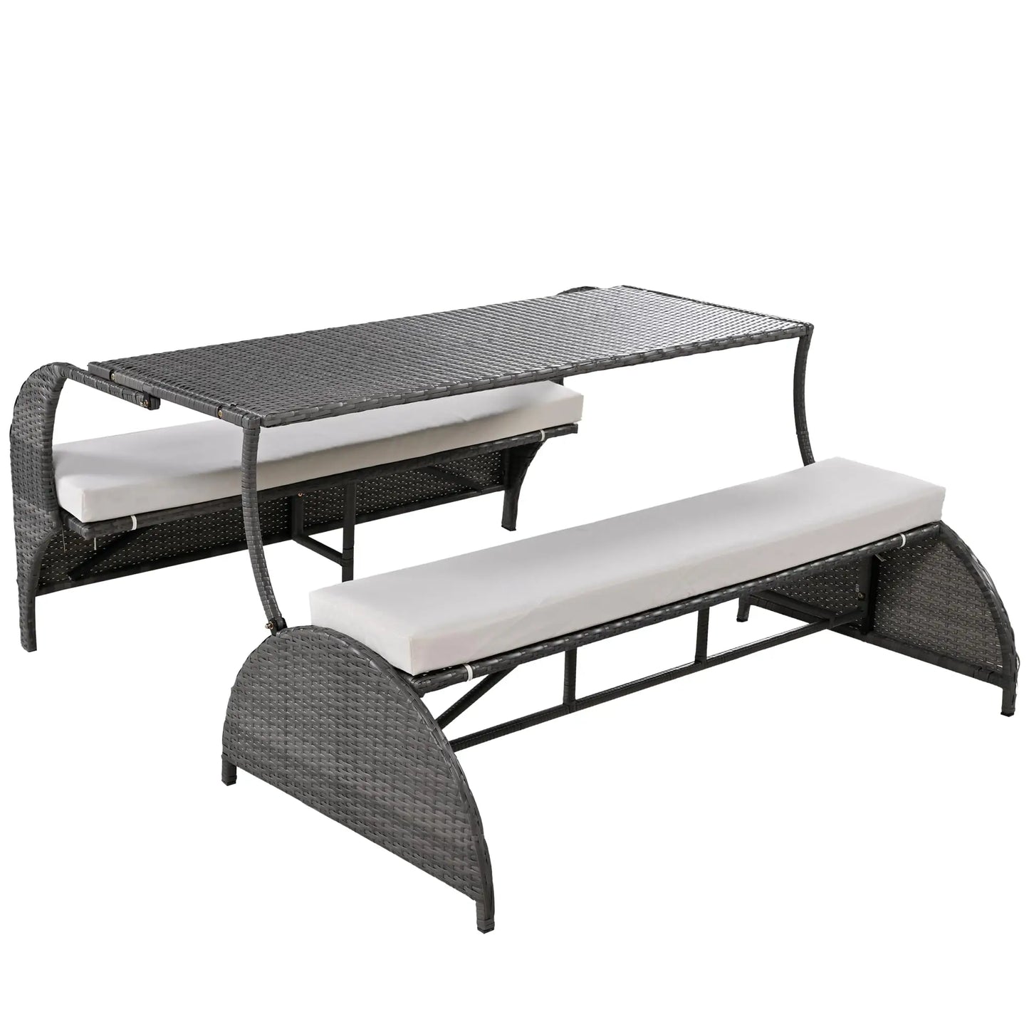 Outdoor Rattan Loveseat Convertible Picnic Upholstered Bench