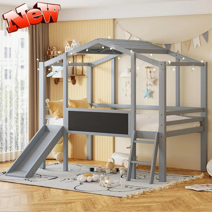 Kids House Loft Bed with Slide, Twin Size