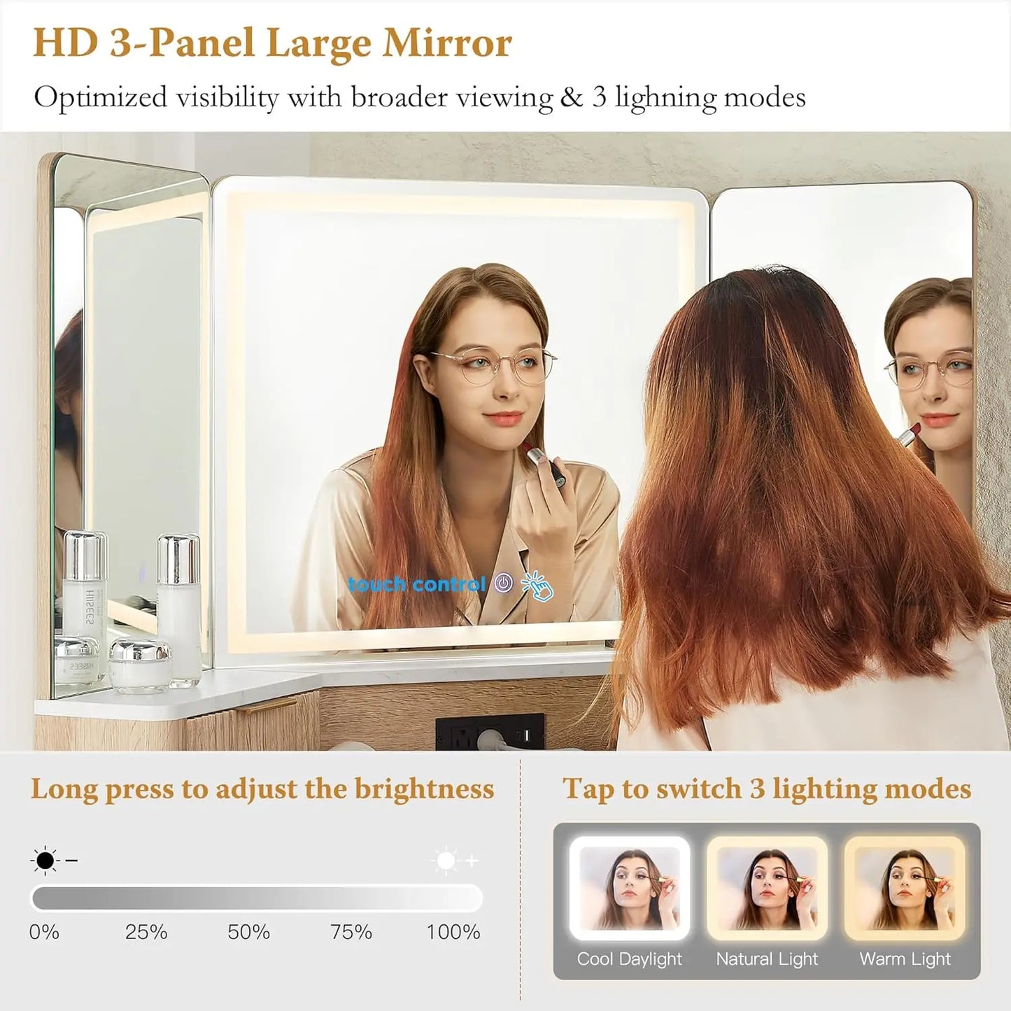 48'' Fluted Makeup Vanity Desk with HD Triple Mirror and Lights
