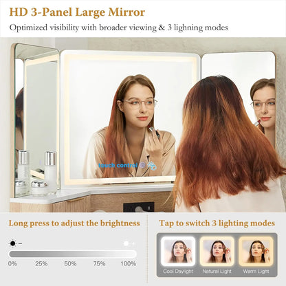 48'' Fluted Makeup Vanity Desk with HD Triple Mirror and Lights