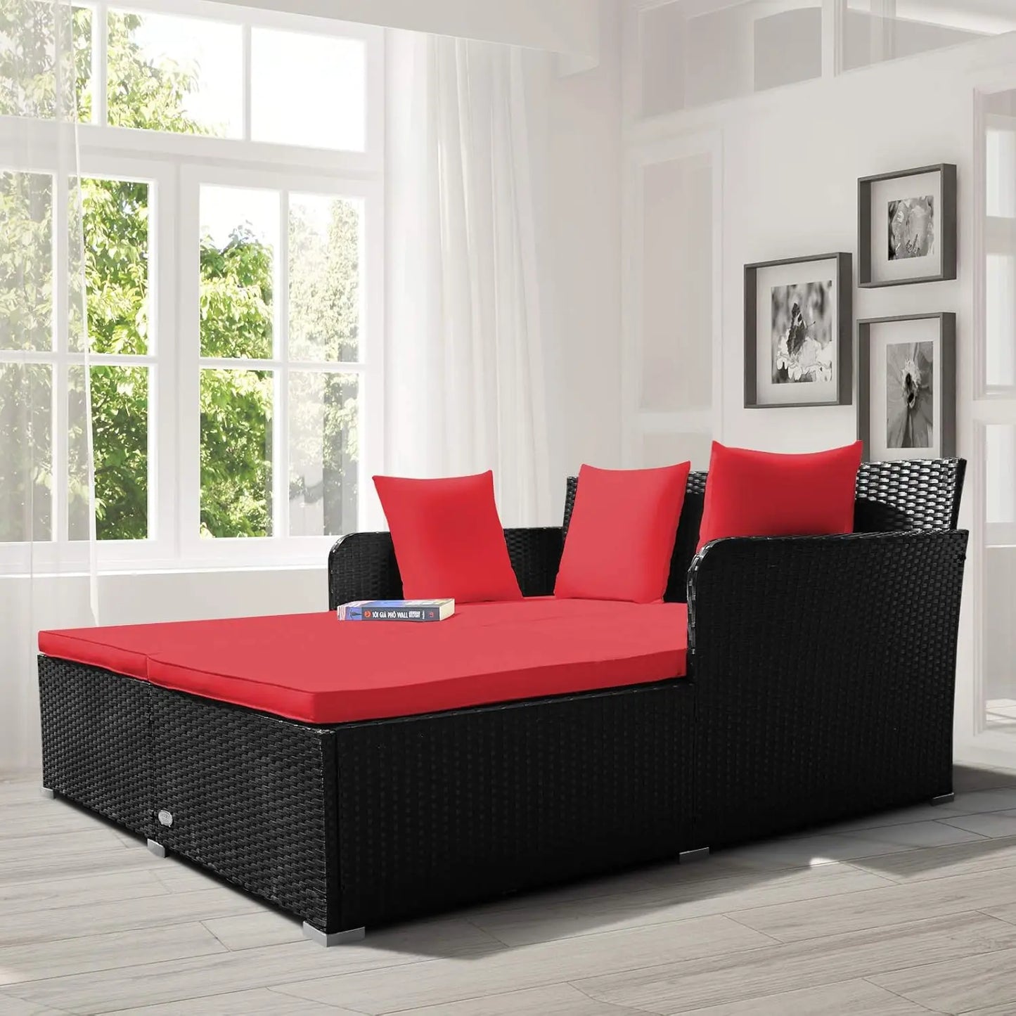 Outdoor Rattan Daybed, Sunbed Wicker Furniture w/Spacious Seat