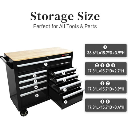 Heavy Duty Rolling Chest with 9-Drawer Wood Top