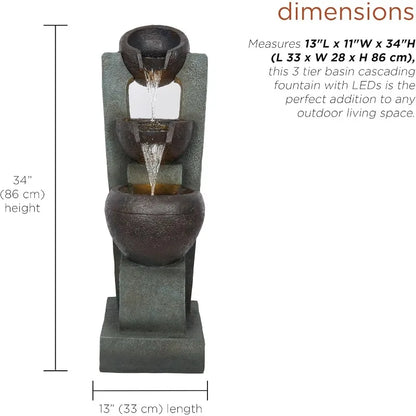 34" 3 Tier Basin Cascading Fountain with LED Lights
