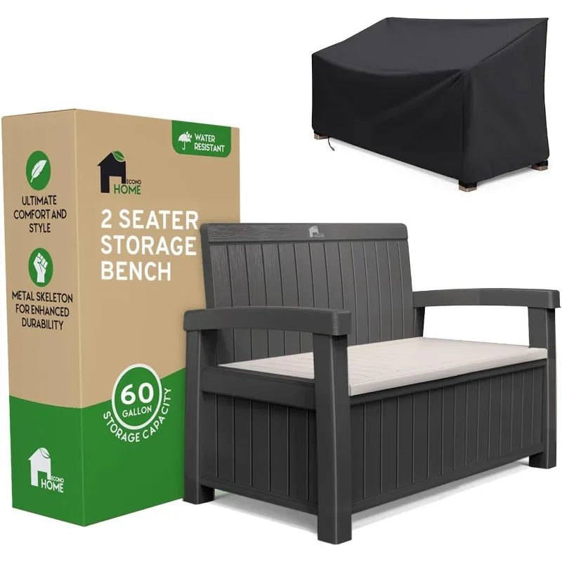2 Seat Outdoor Storage Bench with Rain Cover - 60 Gallon Capacity