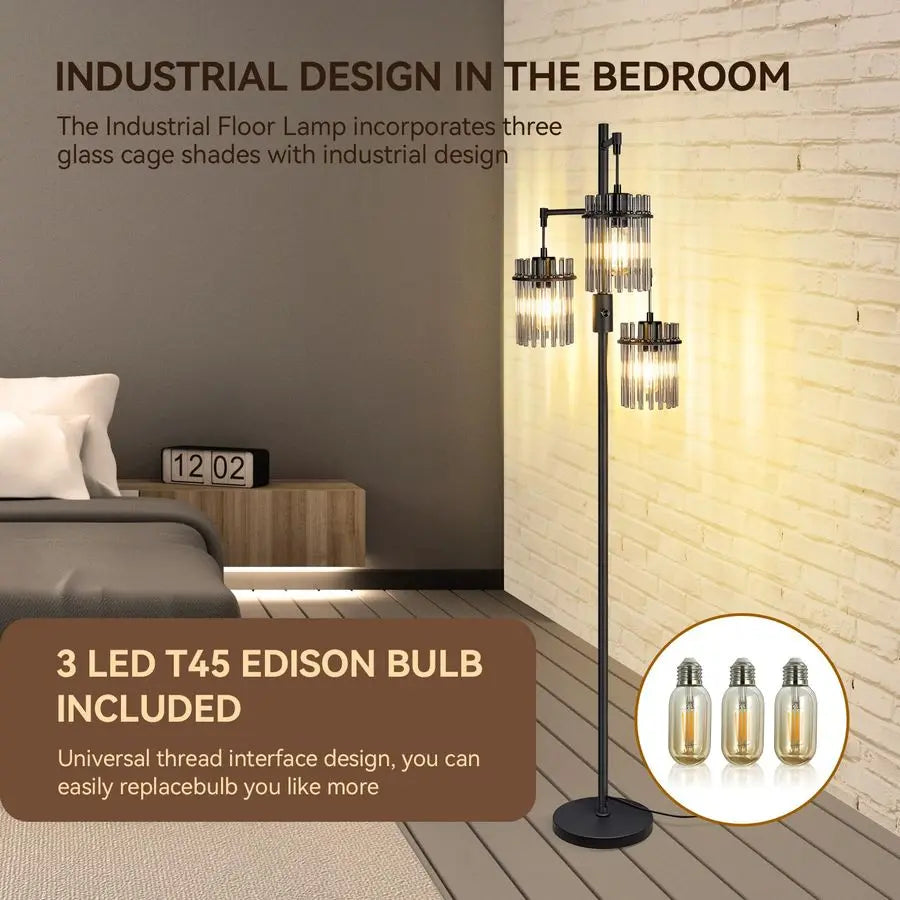 Dimmable Glass Tree Standing Tall Lamps with 3 Elegant Teardrop Cage