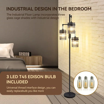 Dimmable Glass Tree Standing Tall Lamps with 3 Elegant Teardrop Cage
