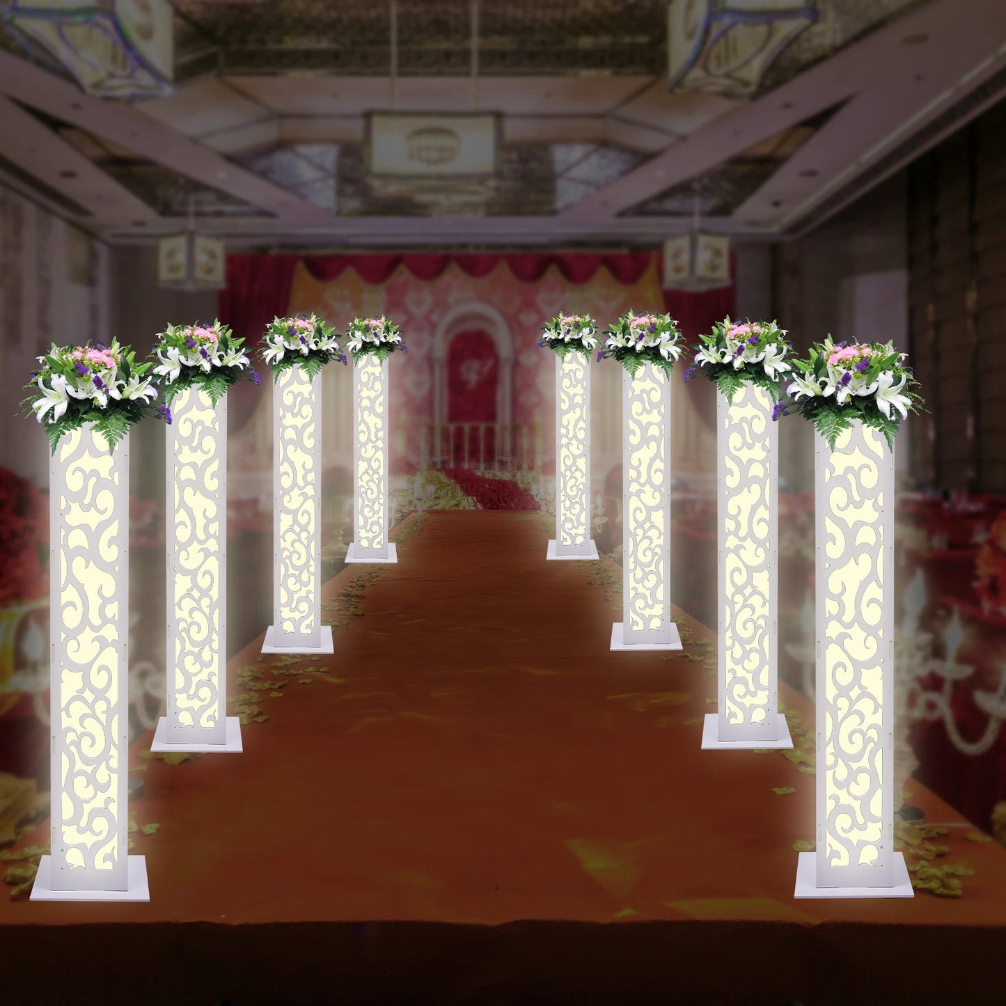 8-Piece Wedding Flower Columns PVC Hollow-Out Flower Satnd with LED Lights
