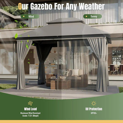 Outdoor Gazebo for Patio 10x12, Metal Frame Canopy with Double Roofs