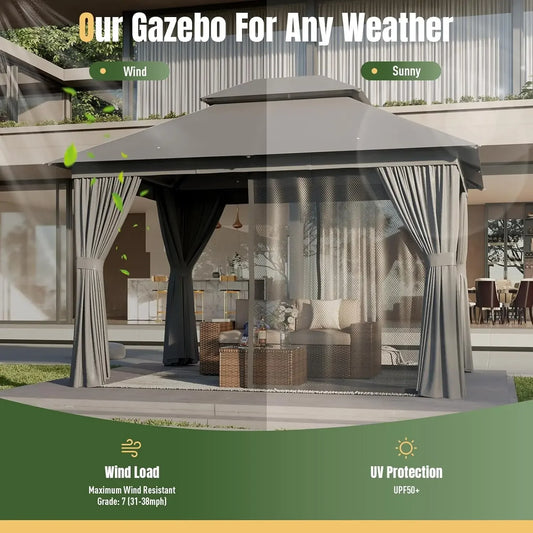 Outdoor Gazebo for Patio 10x12, Metal Frame Canopy with Double Roofs