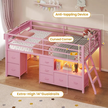 Low Loft Bed Twin Size with 7 Storage Drawers, Bookcase and LED Lights