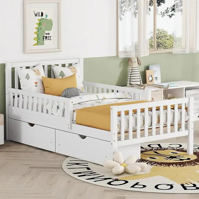 Low Platform Twin Bed with Guardrails, Headboard and Footboard